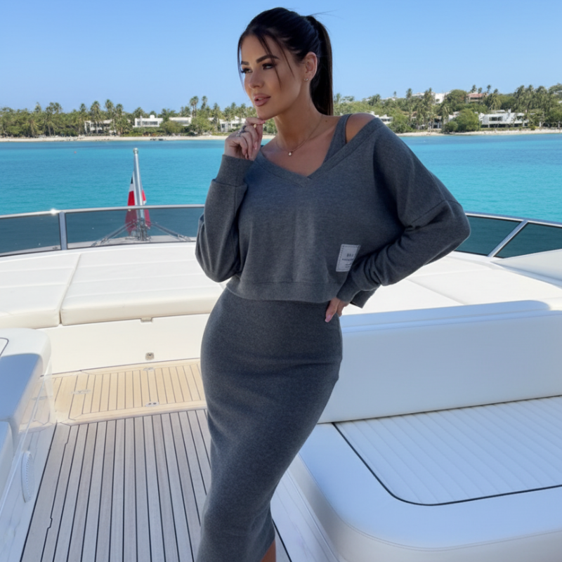 Casual-Chic V-Neck Sweatshirt and Midi Skirt Set