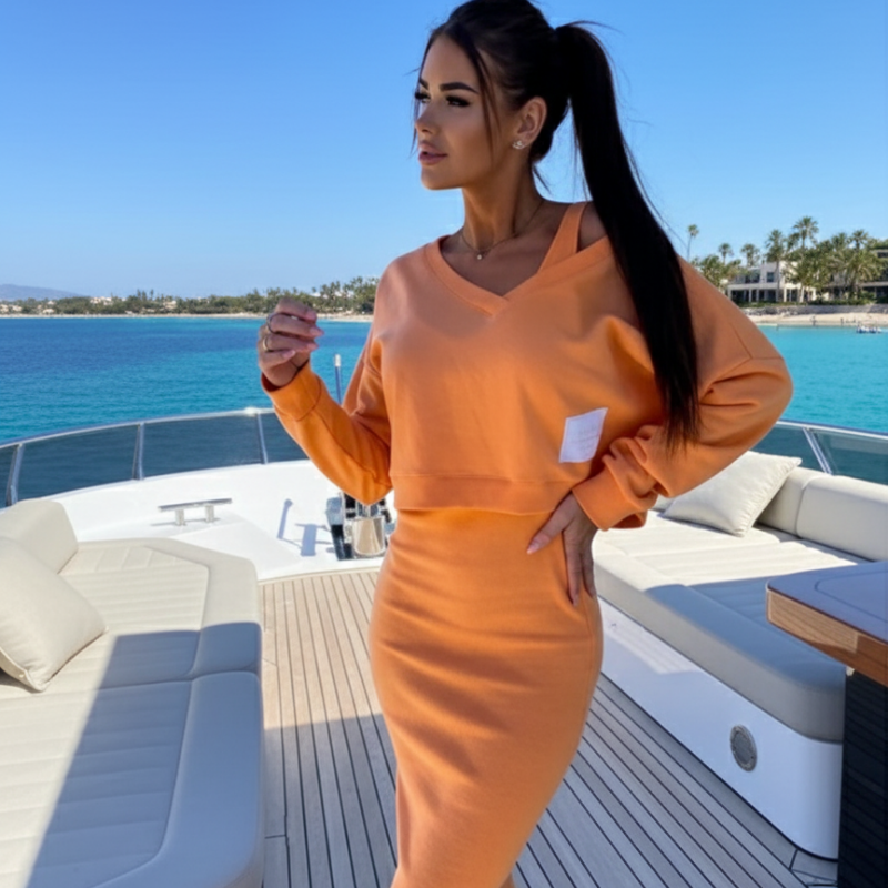 Casual-Chic V-Neck Sweatshirt and Midi Skirt Set