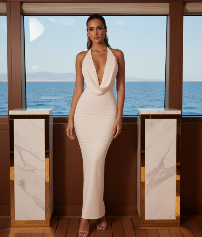 White Pleated Hanging Collar Dress