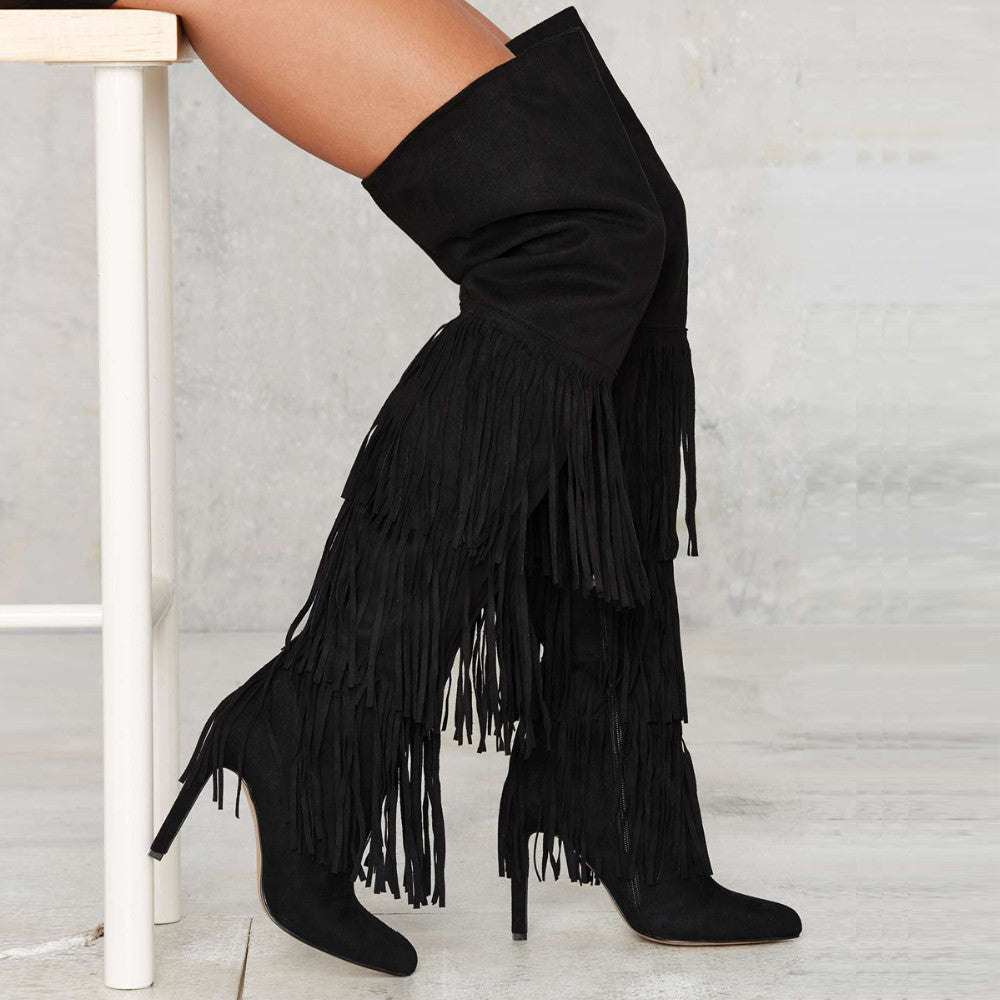 Overknee-Stiefel mit Fransen und hohem Absatz