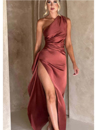Sexy One-Shoulder Backless Satin Slit Dress for Women