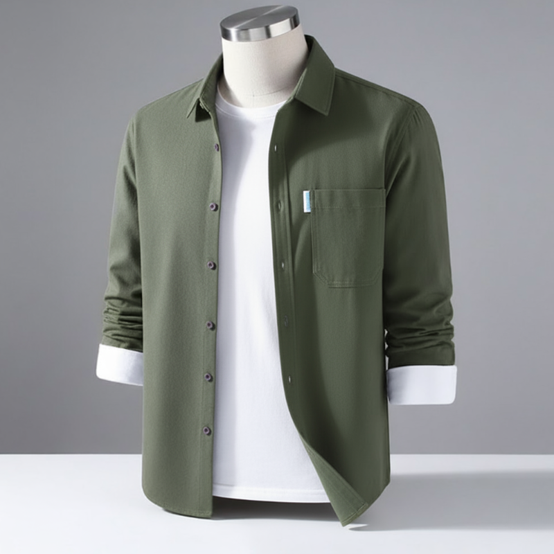 Men's Cotton Twill Overshirt - Minimalist Workshirt Jacket, Long Sleeve Button Down