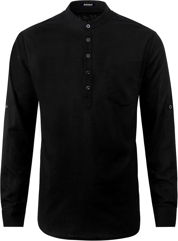 Enlision Men's Linen Solid Henley Shirts Casual Long Sleeve Summer Mao Classic Beach Shirt