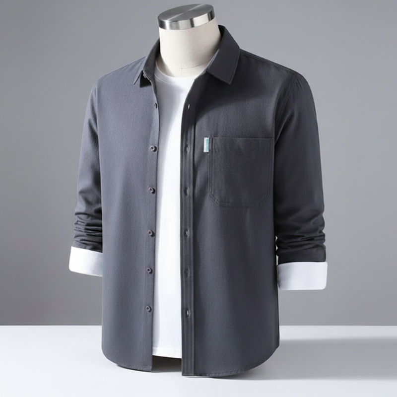 Men's Cotton Twill Overshirt - Minimalist Workshirt Jacket, Long Sleeve Button Down