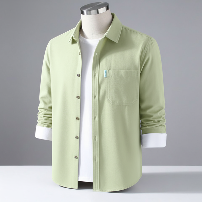 Men's Cotton Twill Overshirt - Minimalist Workshirt Jacket, Long Sleeve Button Down