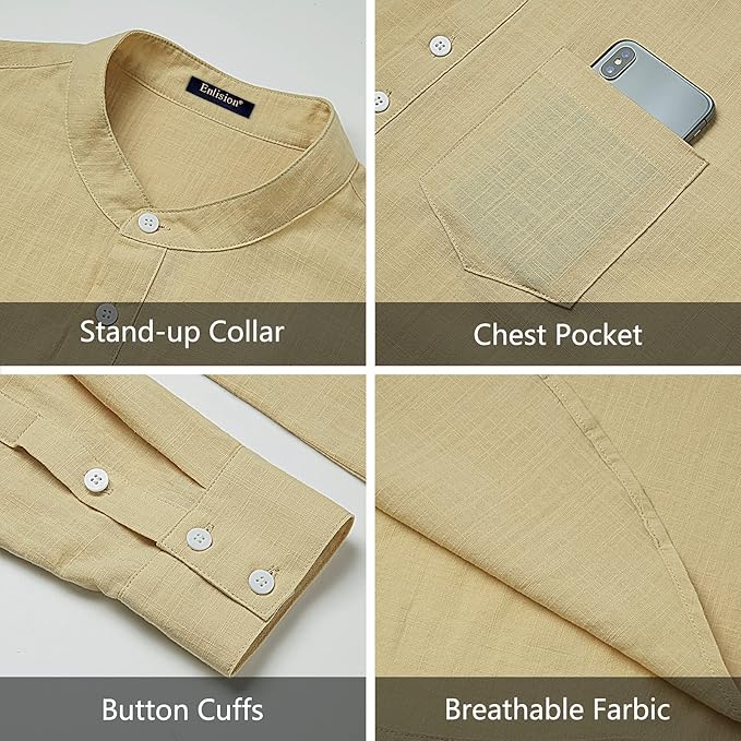 Enlision Men's Linen Solid Henley Shirts Casual Long Sleeve Summer Mao Classic Beach Shirt