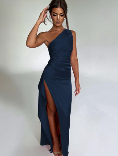 Sexy One-Shoulder Backless Satin Slit Dress for Women