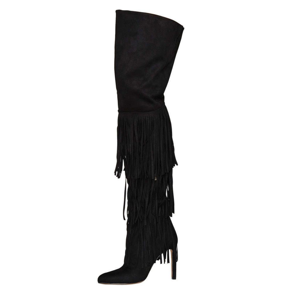 Overknee-Stiefel mit Fransen und hohem Absatz