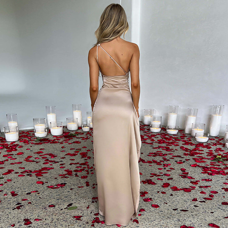 Sexy One-Shoulder Backless Satin Slit Dress for Women