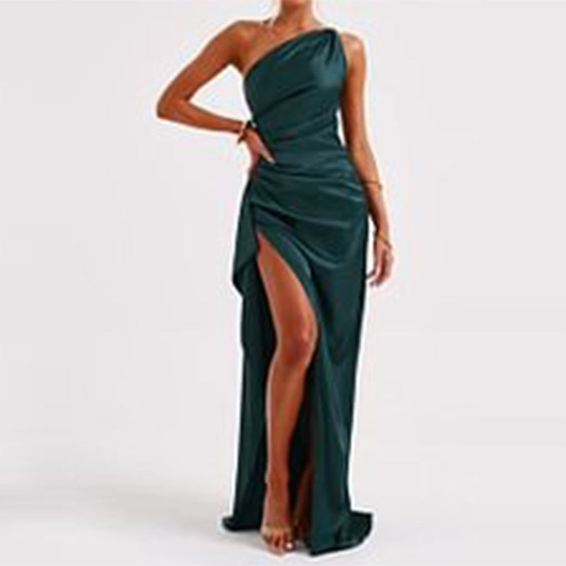 Sexy One-Shoulder Backless Satin Slit Dress for Women
