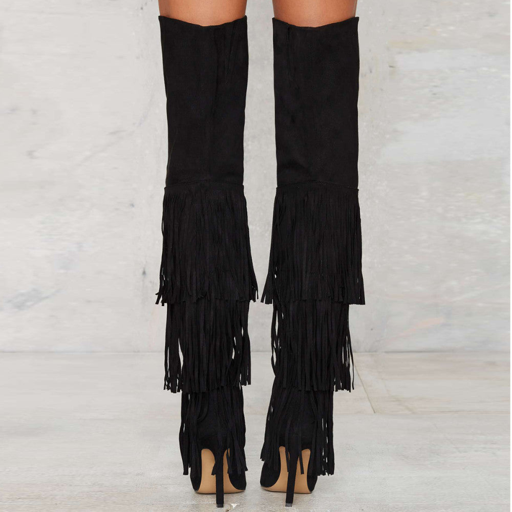 Overknee-Stiefel mit Fransen und hohem Absatz