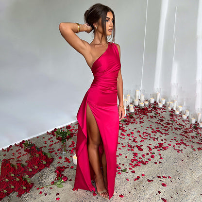 Sexy One-Shoulder Backless Satin Slit Dress for Women