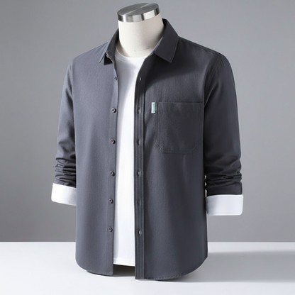 Men's Cotton Twill Overshirt - Minimalist Workshirt Jacket, Long Sleeve Button Down