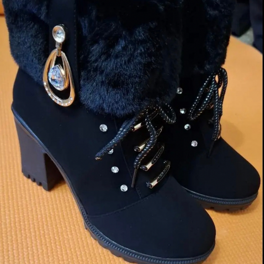Plush Martin Boots With Lace Up High Heels