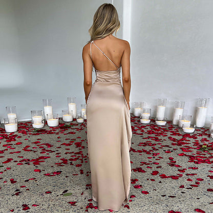 Sexy One-Shoulder Backless Satin Slit Dress for Women