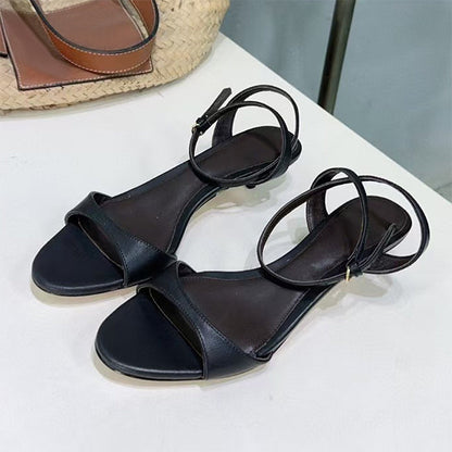 Women's Leather French-style Retro Open Toe Sandals With Kitten Heel